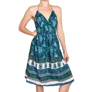 Retro Charlotte Russe Green & Purple Bohemian Floral Halter Dress